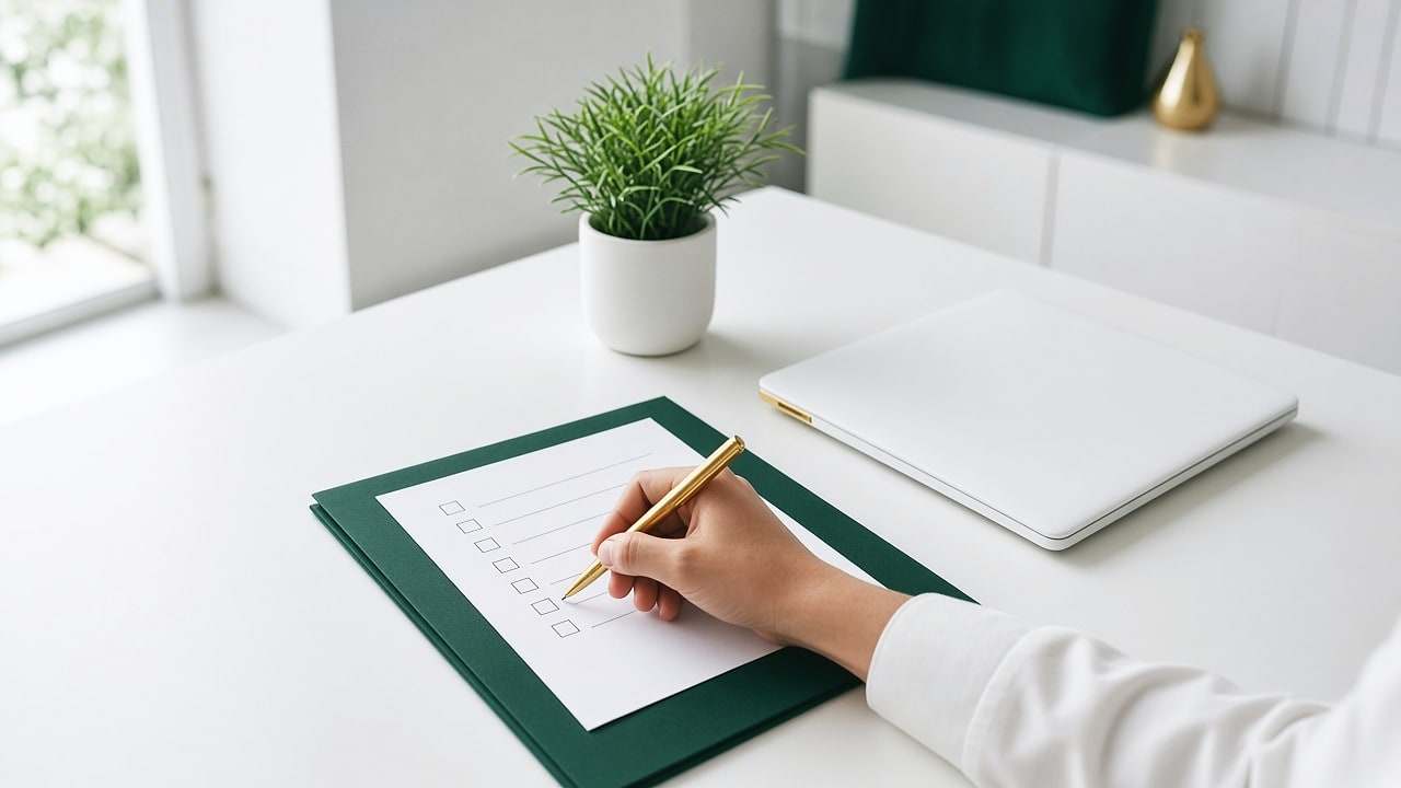 Une main tenant un stylo doré coche des cases vides sur une feuille blanche à lignes simples posée sur un porte-bloc vert, à côté d’un ordinateur portable blanc fermé et d’une petite plante