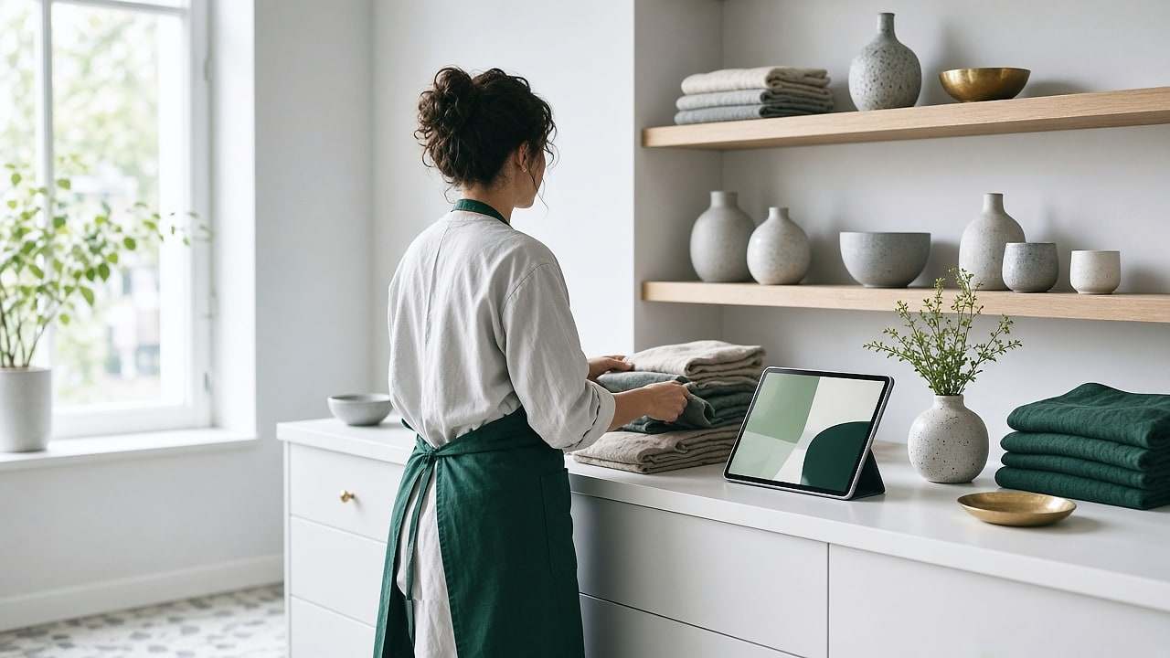 Sur un plan de travail blanc, un petit colis en papier kraft ouvert avec du papier de soie, une balance de cuisine dorée et un ordinateur portable fermé, éclairés par une lumière douce
