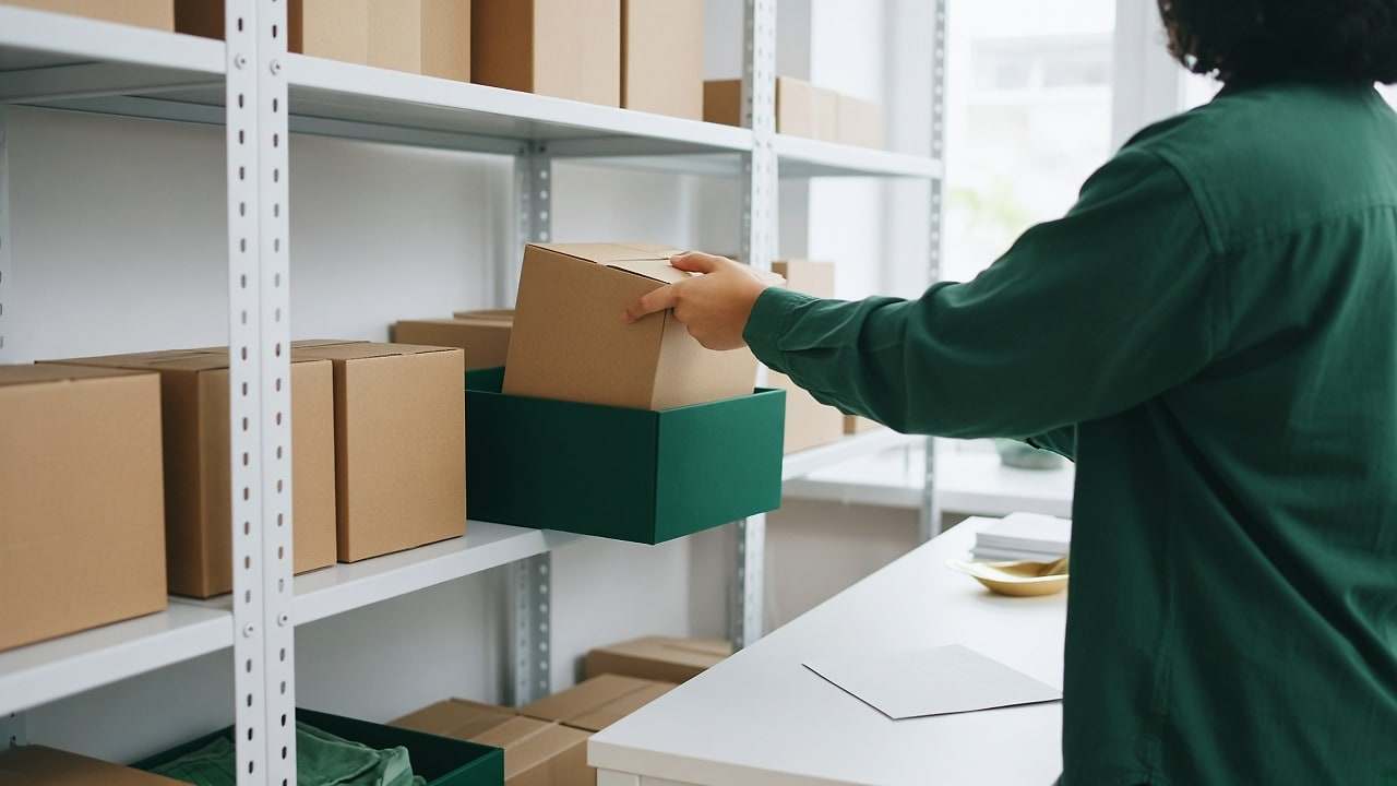 Sur un plan de travail blanc, trois petits colis en papier kraft attachés par des rubans verts, une balance dorée et un carnet ouvert vierge, sous une lumière claire