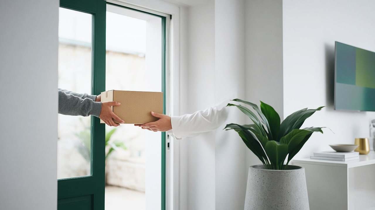 On a white counter, a hand sets down a closed kraft-paper parcel beside an open green notebook, a gold calculator and a laptop showing abstract green shapes
