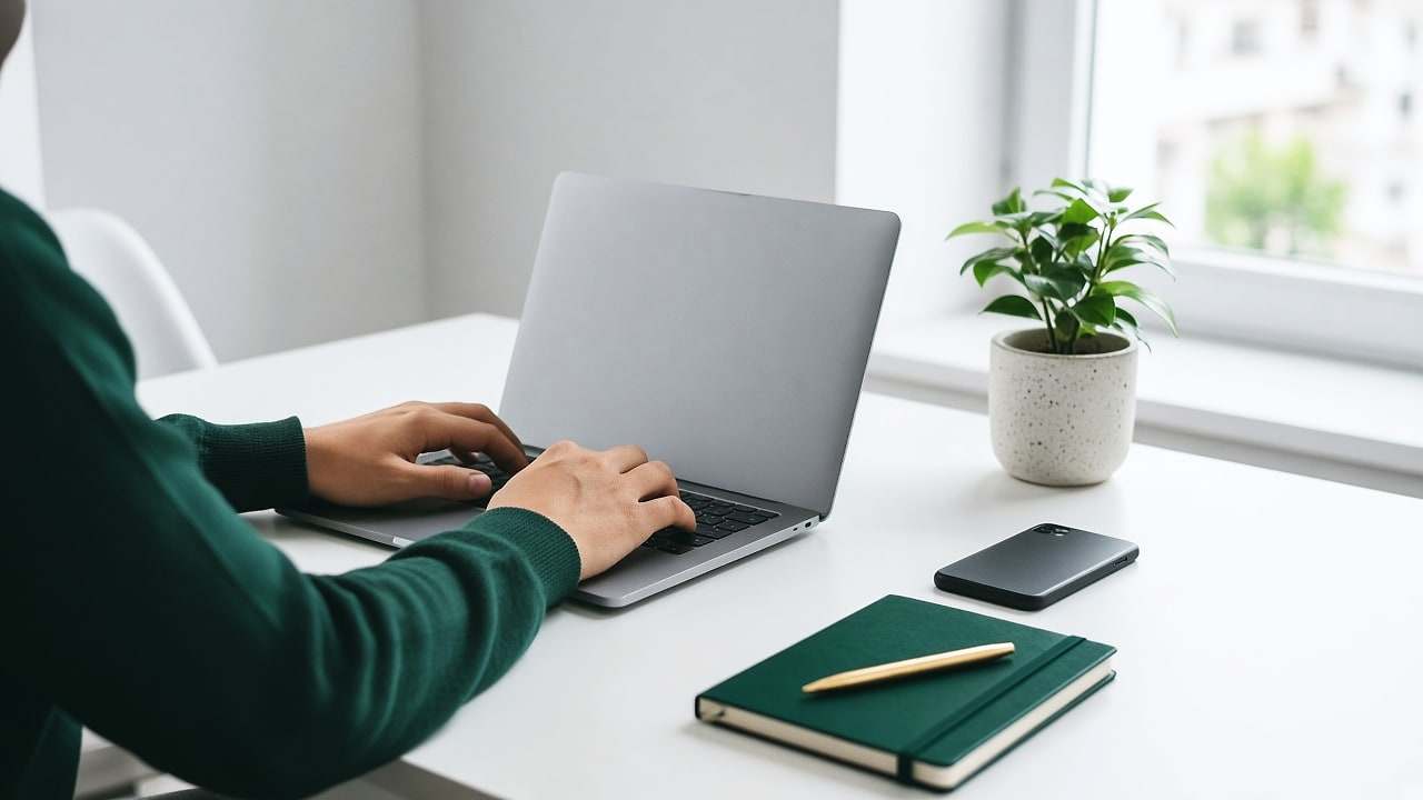 Une enveloppe blanche fermée par un cachet doré posée sur un clavier d’ordinateur portable blanc, avec une feuille vierge et un stylo à côté, sous une lumière claire