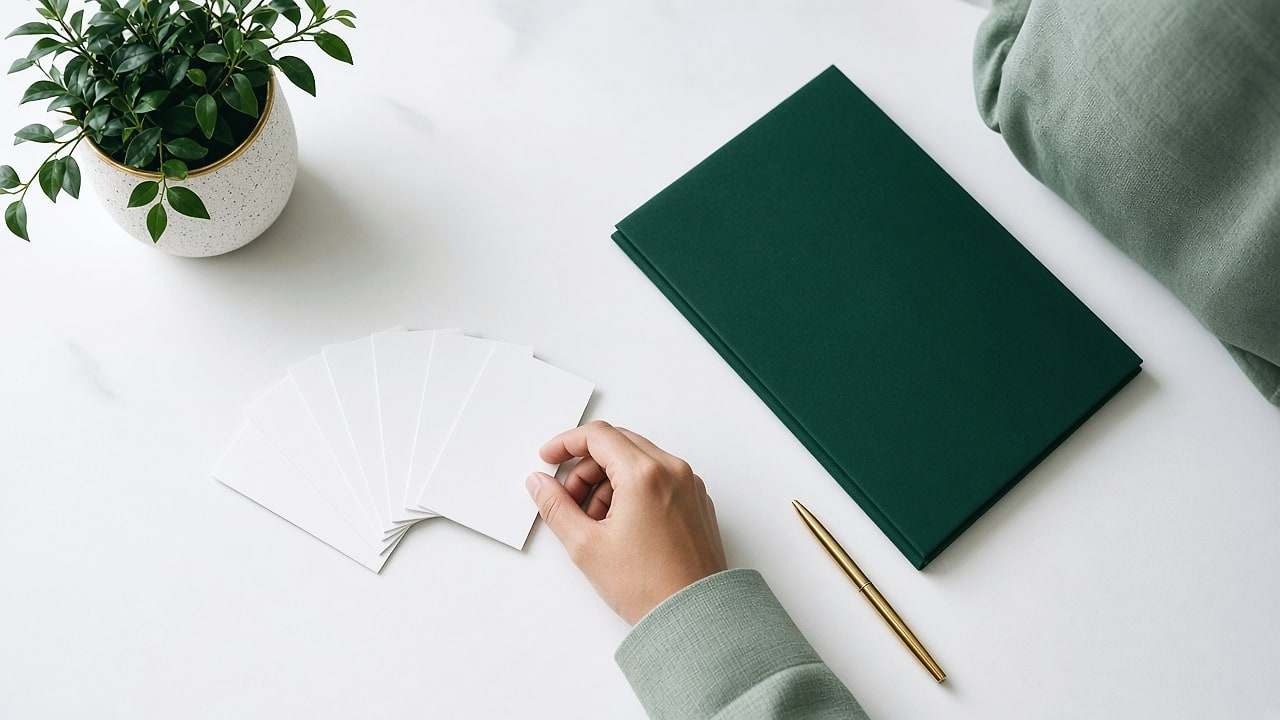 Top view of a white desk: blank index cards fanned out under a hand, a closed dark green folder, a gold pen and a small plant