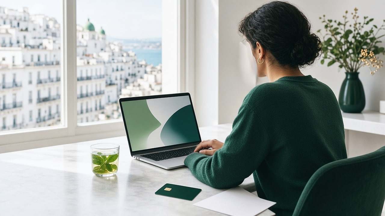 Une carte bancaire verte et dorée posée sur un bureau blanc devant un ordinateur portable dont l’écran affiche des formes vertes abstraites, avec un carnet vierge à côté